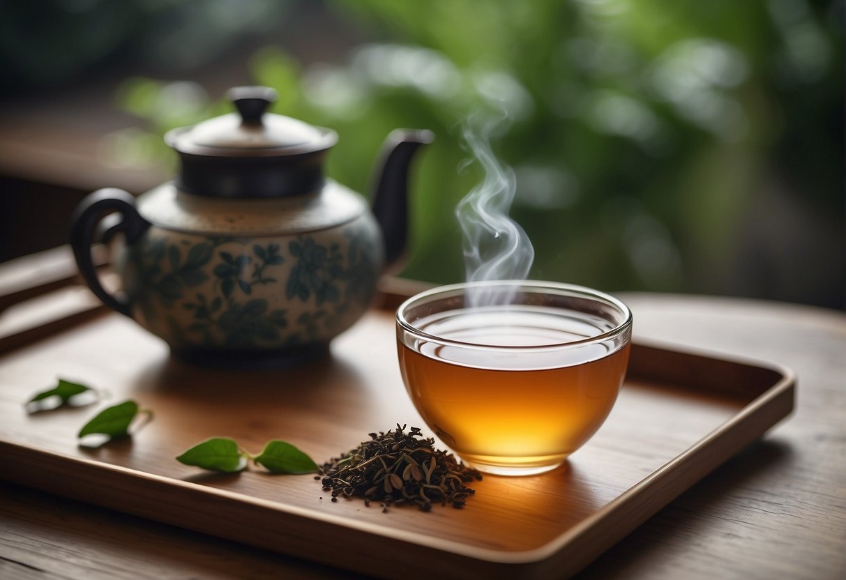 A steaming cup of Chinese tea with a small teapot, loose tea leaves, and a traditional tea cup on a wooden tray