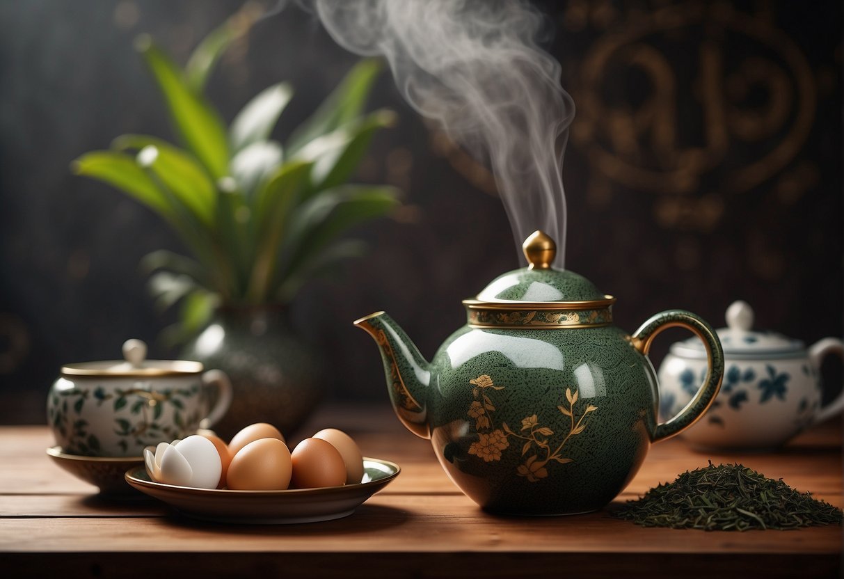 A steaming pot of Chinese tea eggs surrounded by a variety of tea leaves, a teapot, and delicate tea cups on a wooden table