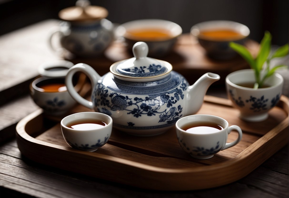 A teapot pours hot Chinese tea into small cups on a wooden tray, surrounded by delicate teacups and a traditional bamboo tea strainer