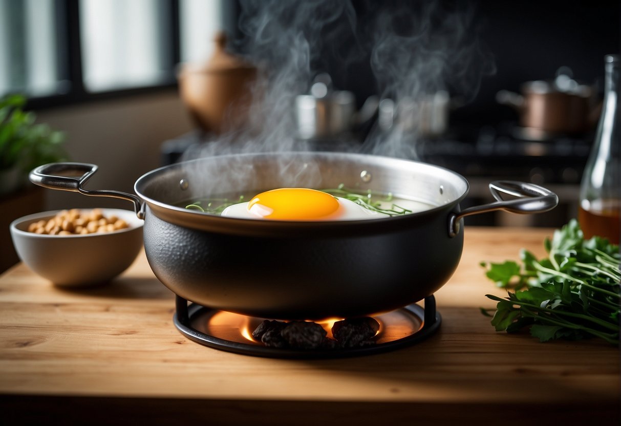 A pot of boiling water with eggs being added, followed by soy sauce, tea leaves, and spices, simmering on a stove
