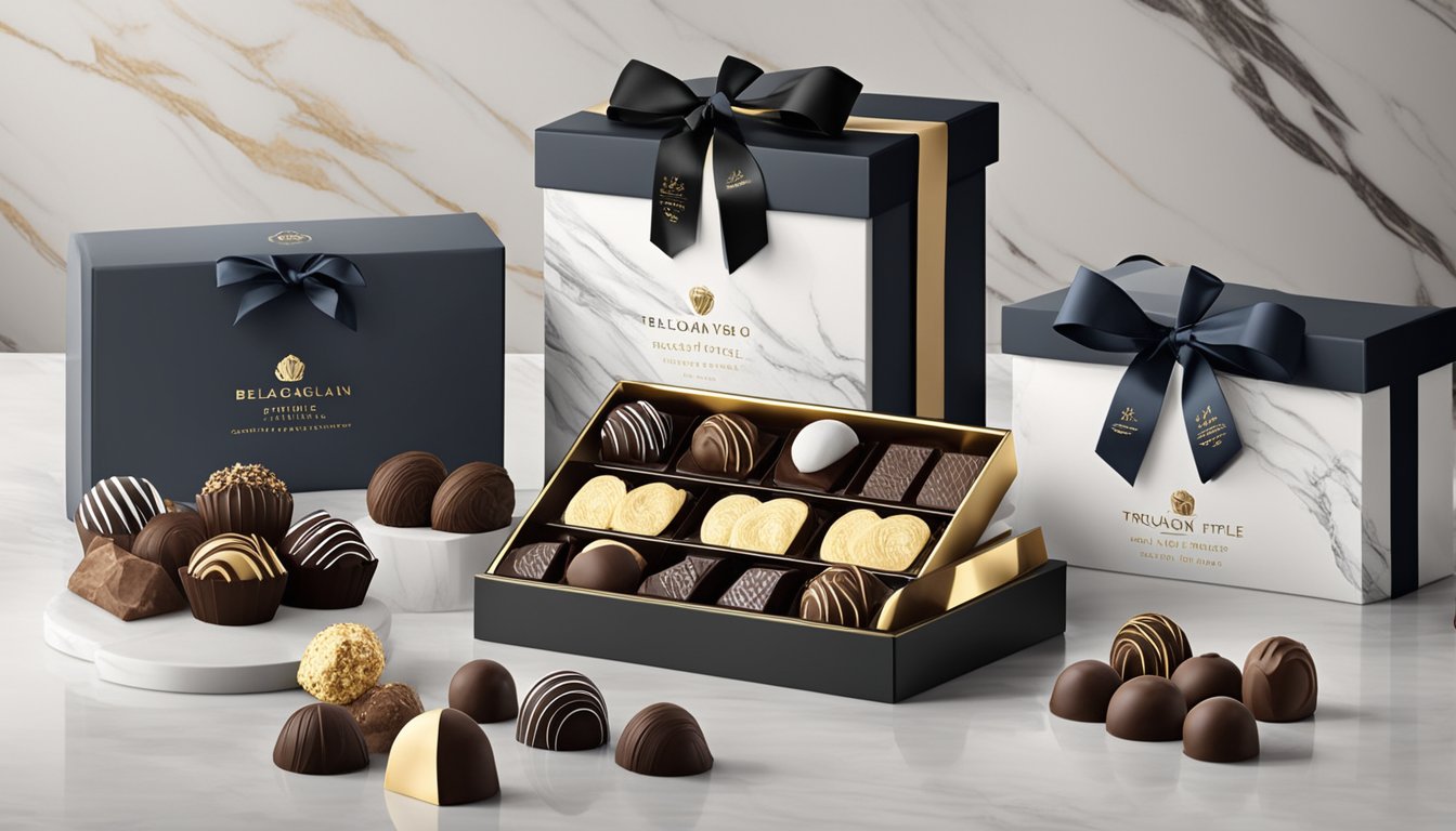A display of various Belgian chocolate truffle brands arranged on a marble countertop, surrounded by elegant packaging and decorative ribbons