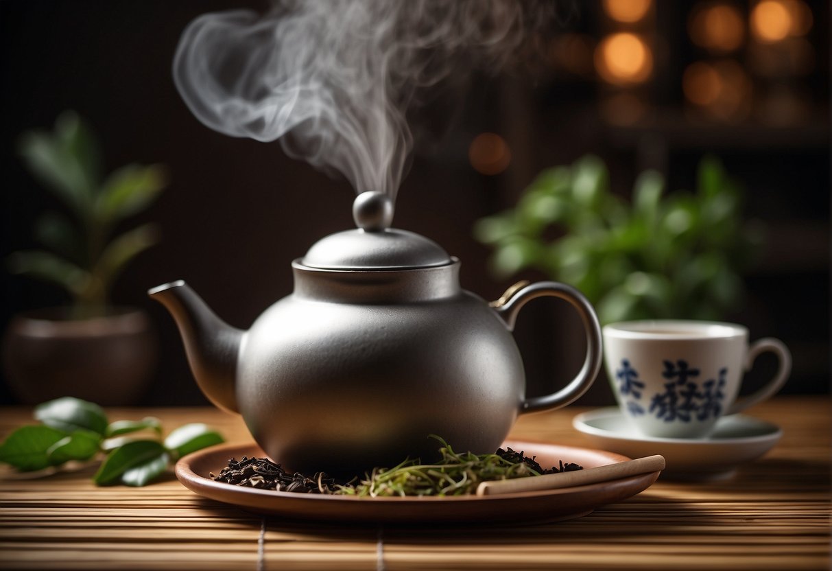 A steaming teapot surrounded by various Chinese tea ingredients and utensils on a bamboo mat