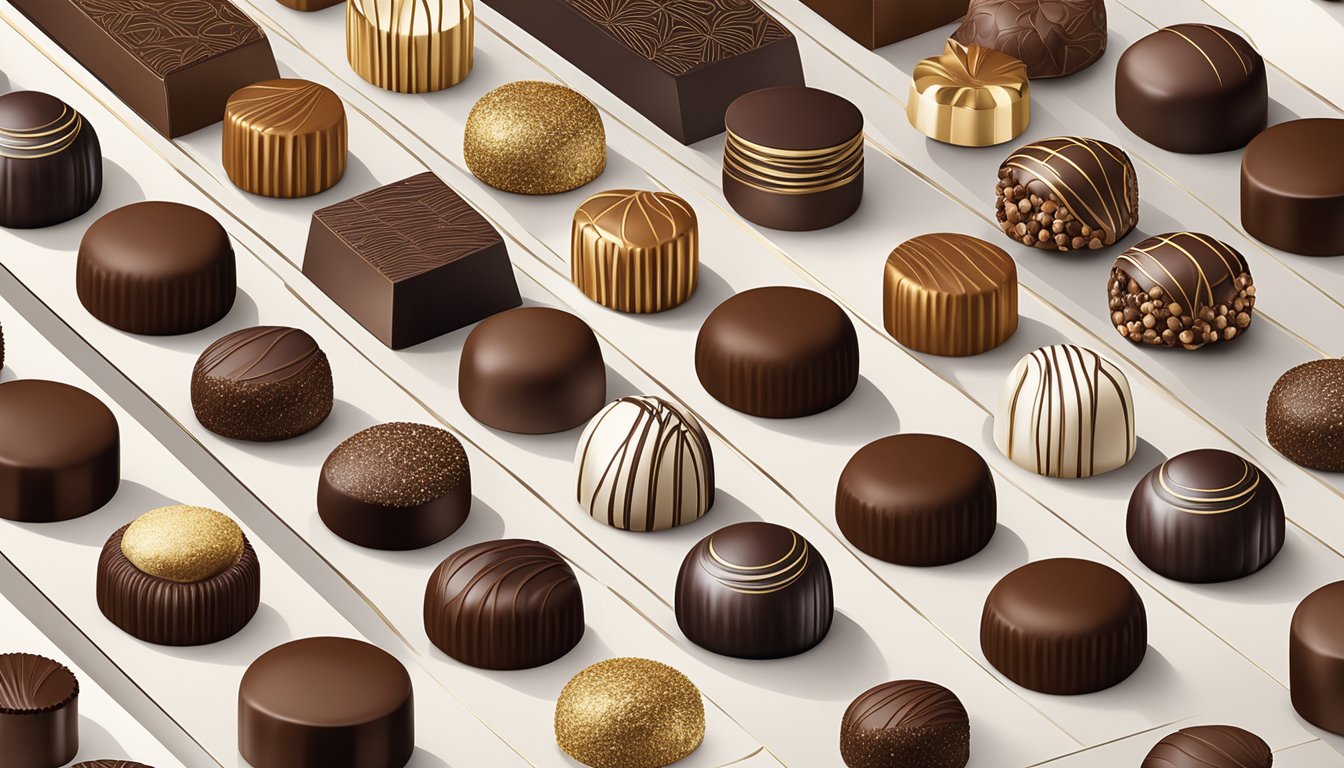 A table adorned with various iconic Belgian chocolate truffle brands, each with its unique packaging and luxurious presentation. Rich, decadent chocolates are arranged in elegant rows, showcasing the exquisite craftsmanship and indulgent flavors of these renowned brands