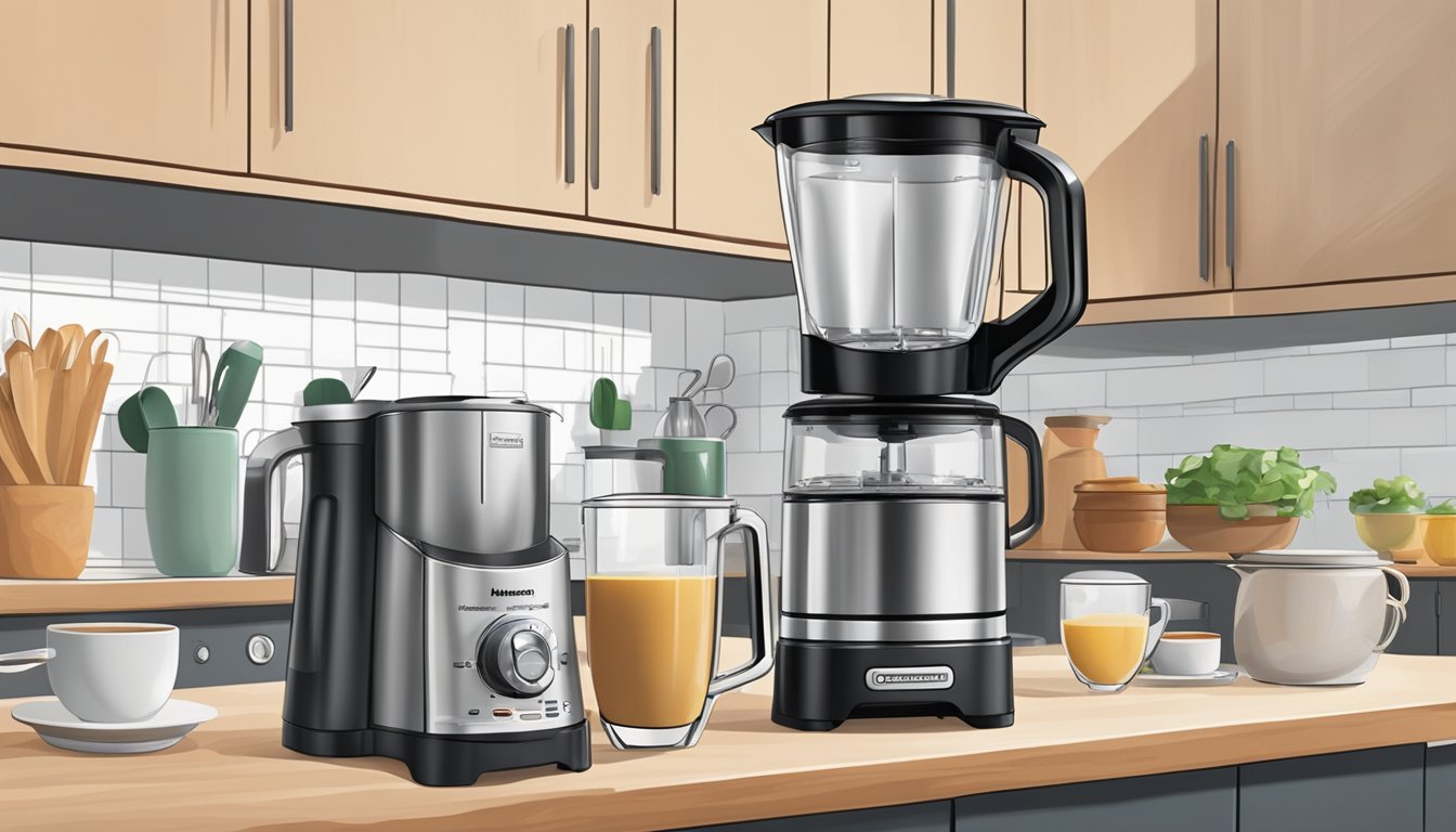 A bustling kitchen with Hamilton Beach appliances on the counter. A blender whirs, a toaster pops, and a coffee maker brews
