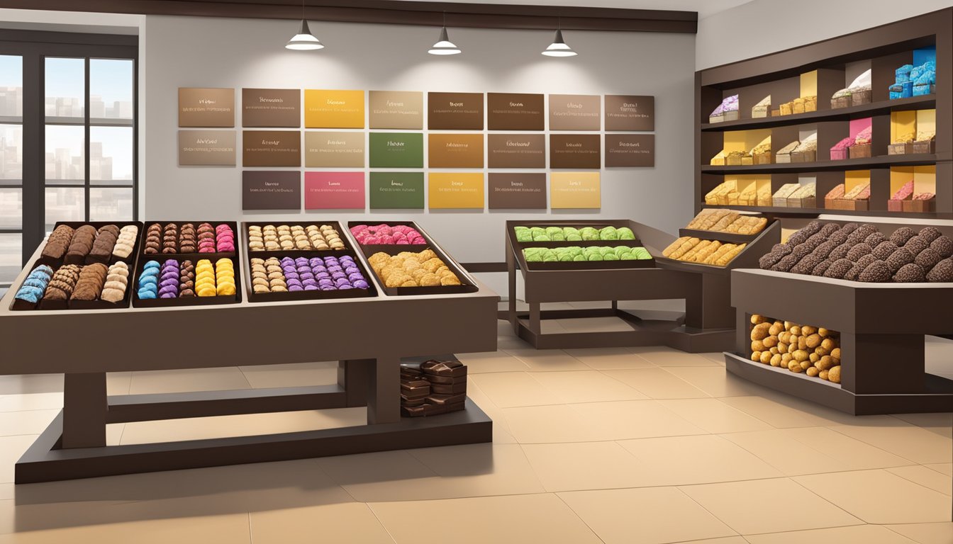 A table displays various belgian chocolate truffles brands, each labeled with different types and flavors. A chart on the wall categorizes them by color and shape