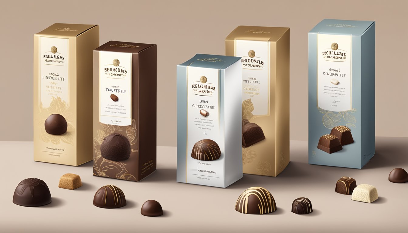 A display of various Belgian chocolate truffle brands arranged on a table, with elegant packaging and labels