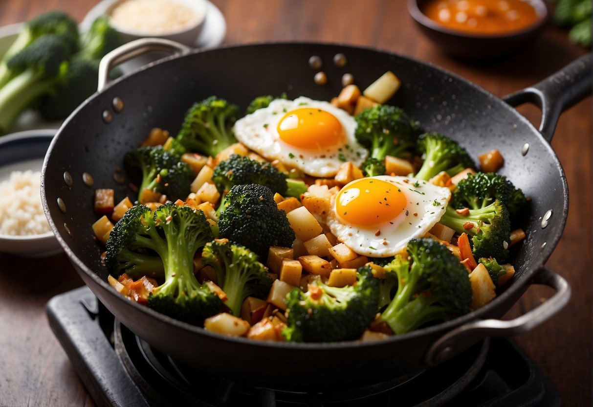 A wok sizzles as broccoli and egg whites are stir-fried in a savory Chinese sauce