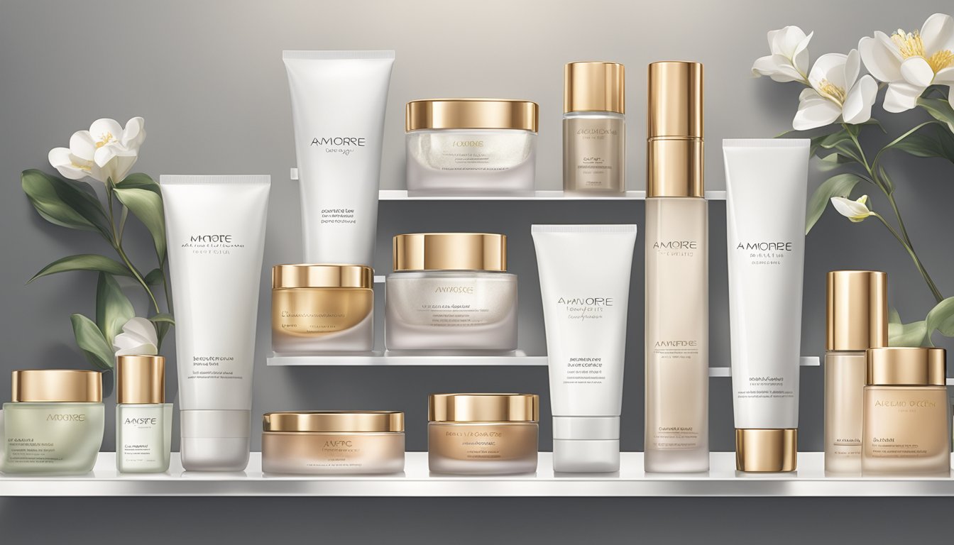 An elegant display of Amore Pacific beauty products arranged on a sleek, minimalist shelf with soft lighting accentuating the luxurious packaging