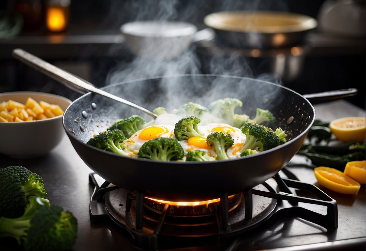 A wok sizzles with chopped broccoli and egg whites, as steam rises and savory aromas fill the kitchen