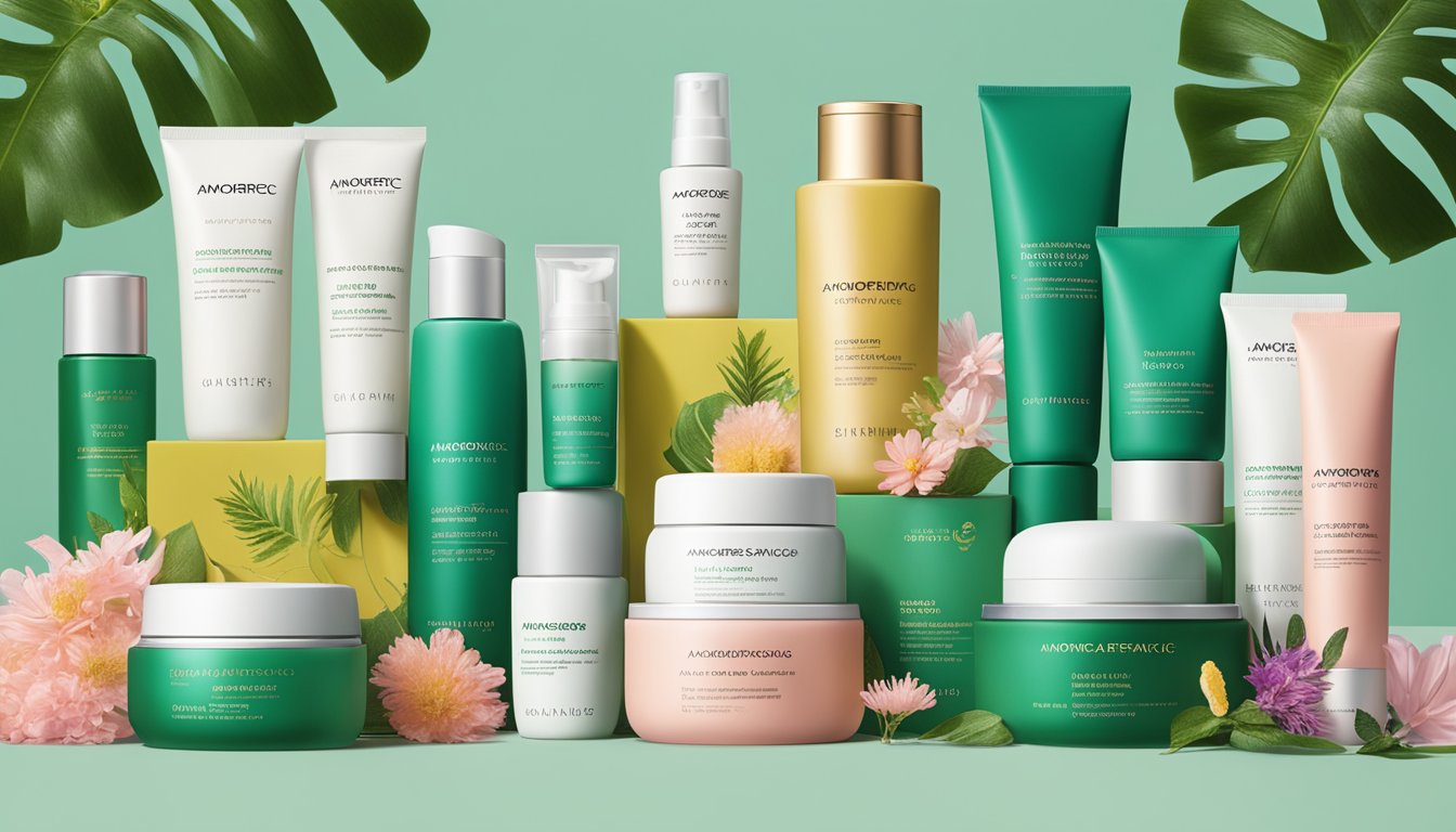 A vibrant display of Amorepacific Group's diverse range of beauty and skincare brands, showcased in elegant packaging and surrounded by lush botanicals