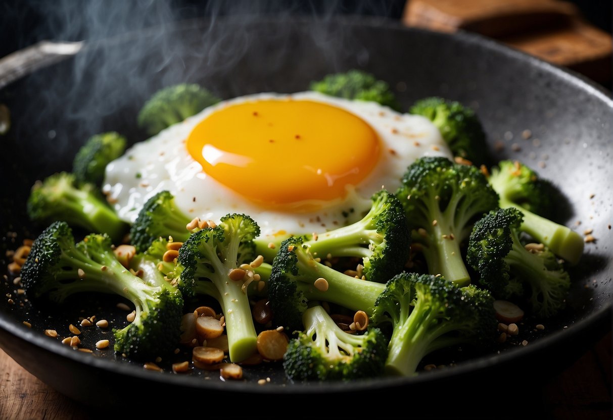 Broccoli florets being stir-fried in a wok with beaten egg whites and Chinese seasonings