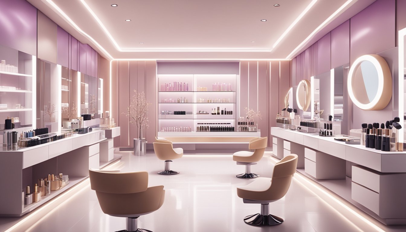 A sleek, modern beauty lab with cutting-edge equipment and luxurious packaging displays. Bright, clean, and sophisticated ambiance with the latest skincare and makeup products showcased prominently