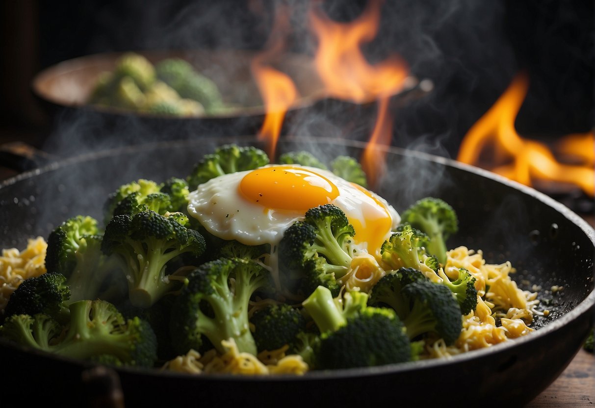 Broccoli and egg whites sizzle in a hot wok, emitting fragrant steam. A wooden spatula tosses the ingredients together, creating a colorful and appetizing dish