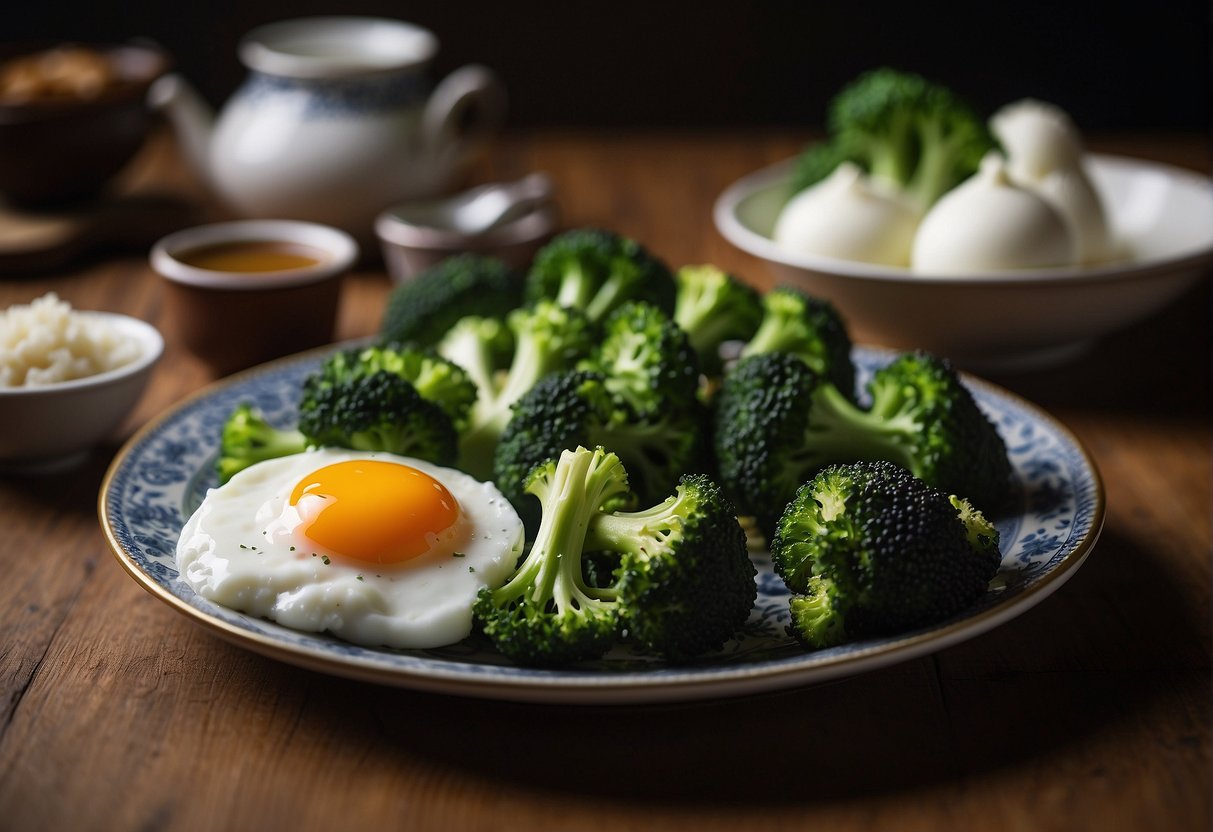 A plate of steamed broccoli and fluffy egg whites in a traditional Chinese dish