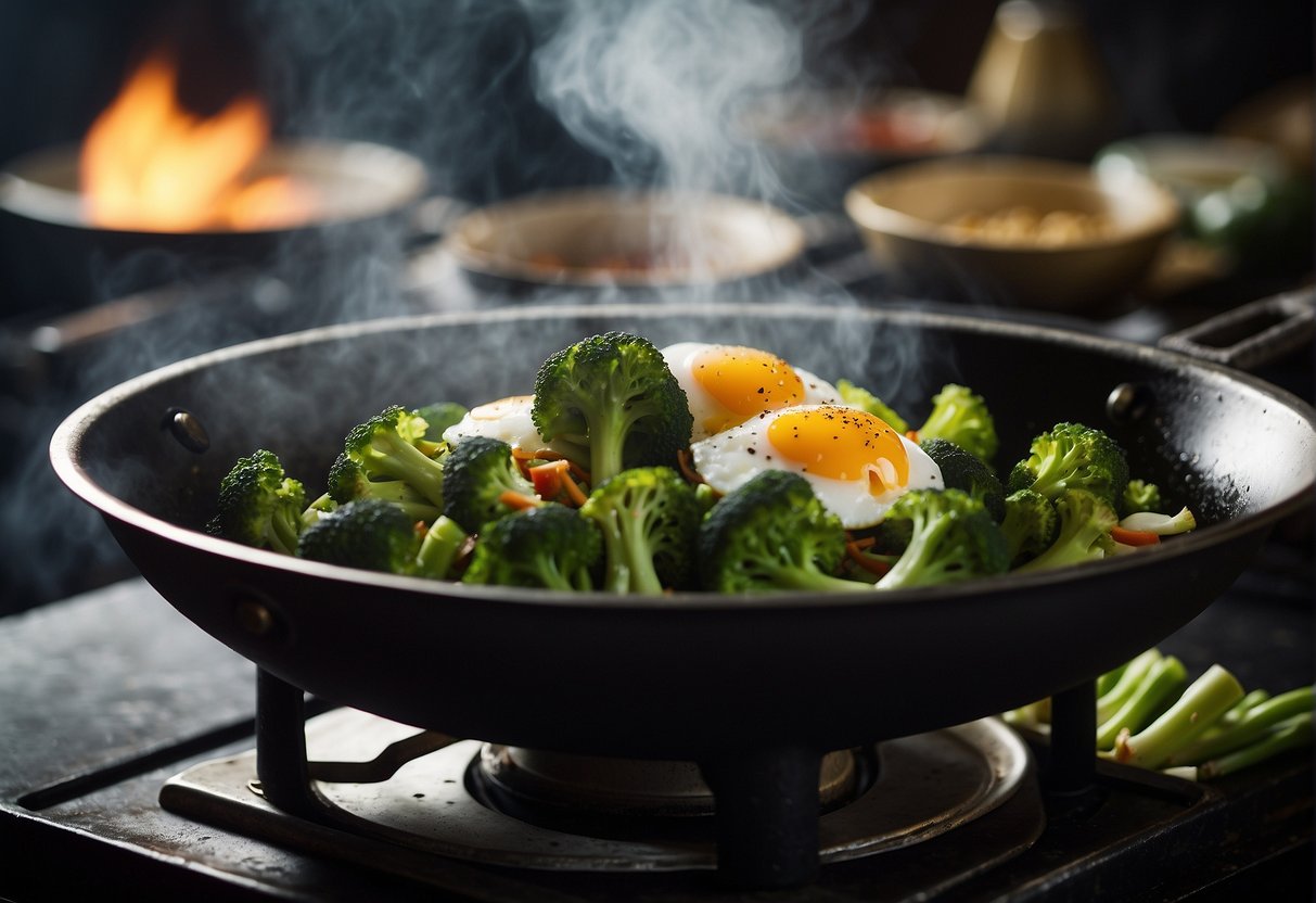 A steaming wok sizzles with fresh broccoli and fluffy egg whites, infused with aromatic Chinese spices, symbolizing the cultural significance of traditional Chinese cuisine