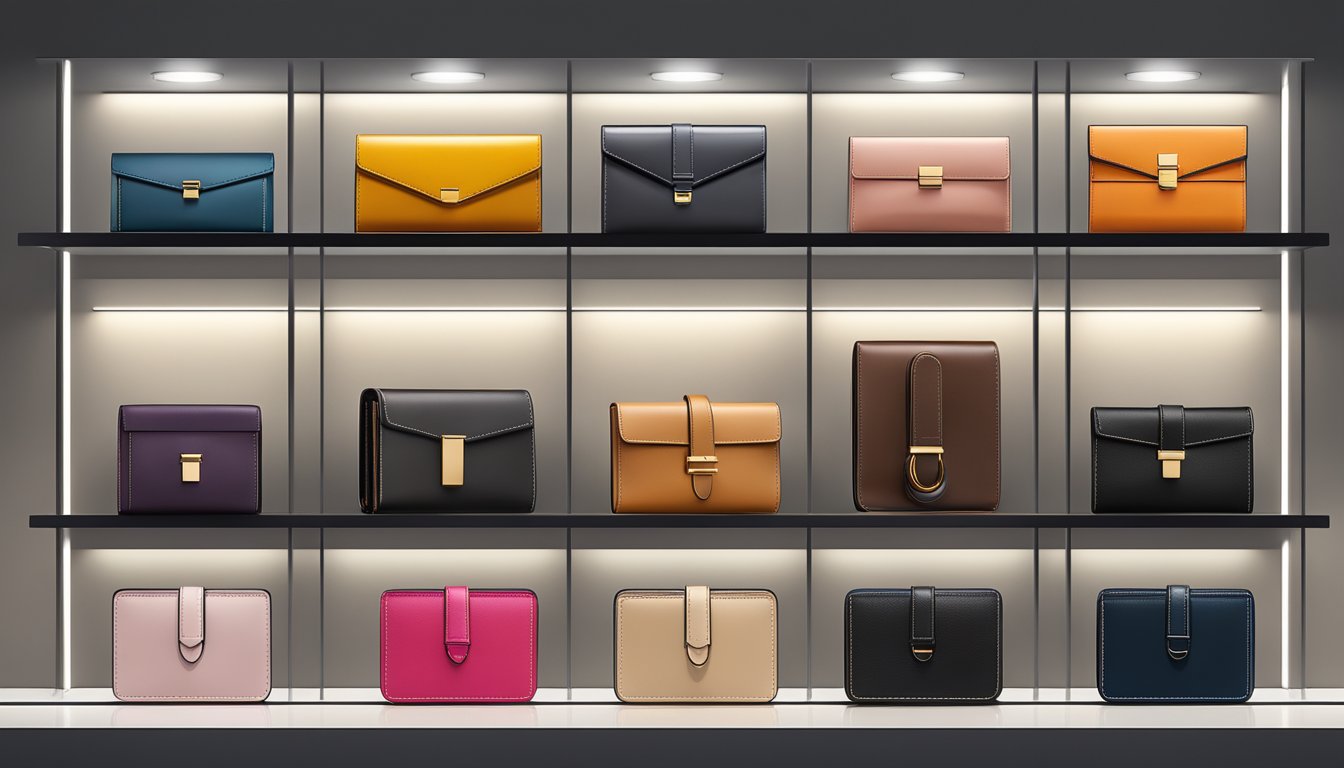 A display of luxurious wallets from high-end brands, arranged on a sleek, minimalist shelf with soft, indirect lighting