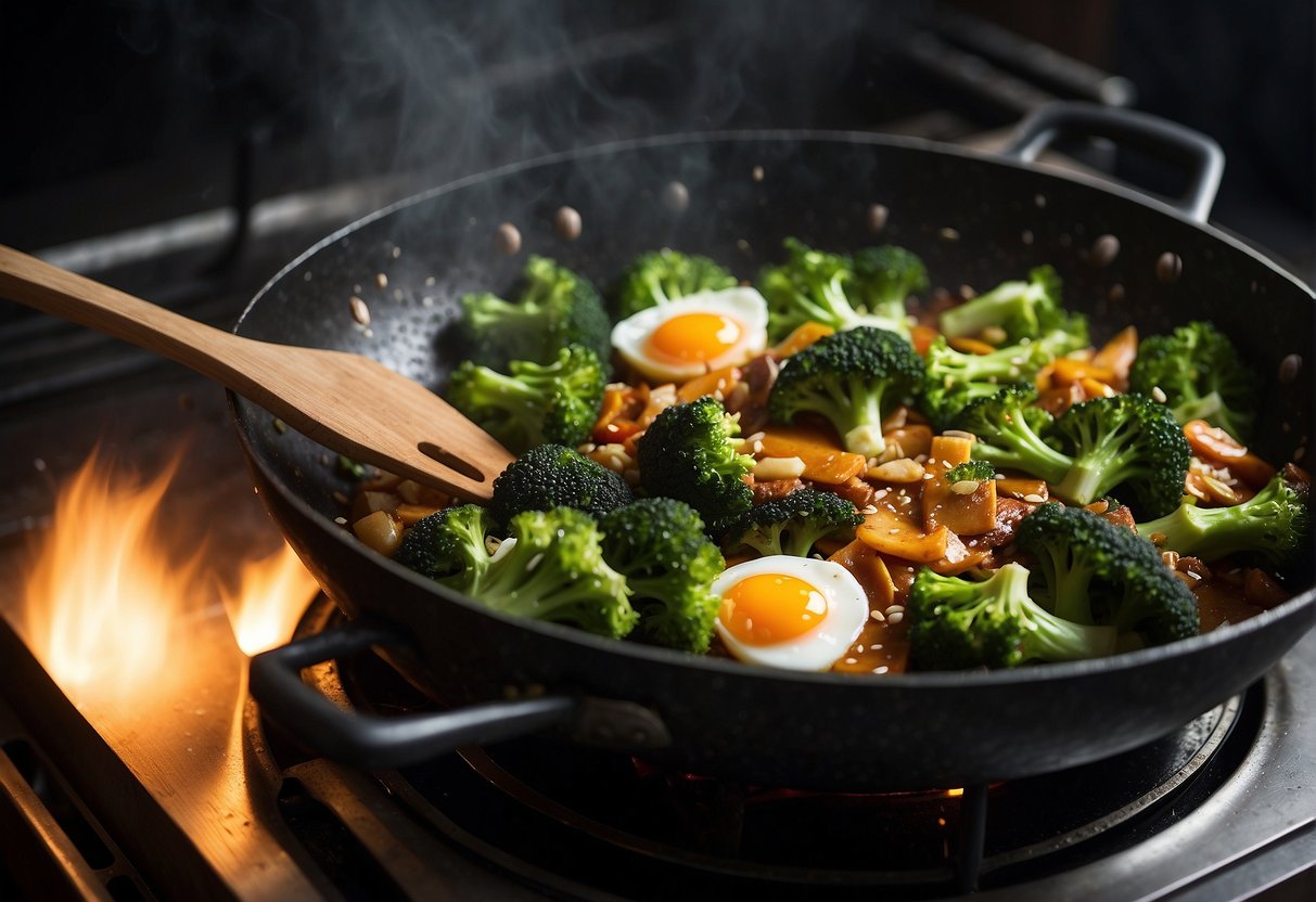 A wok sizzles as broccoli and egg whites are stir-fried together in a savory Chinese sauce. Steam rises from the pan, filling the air with delicious aromas