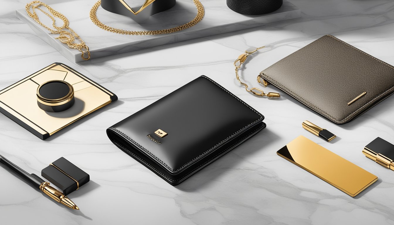 A sleek, minimalist wallet sits on a polished marble surface, surrounded by opulent accessories and high-end branding. Rich textures and elegant details convey luxury and sophistication