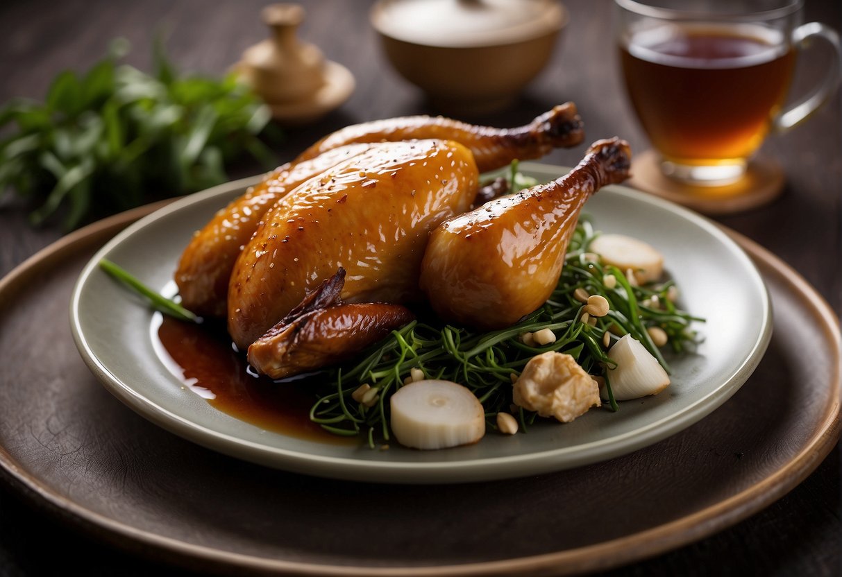 A plate of Chinese tea smoked chicken with tea leaves, soy sauce, ginger, and garlic. Possible substitutions include black tea, brown sugar, and different types of poultry