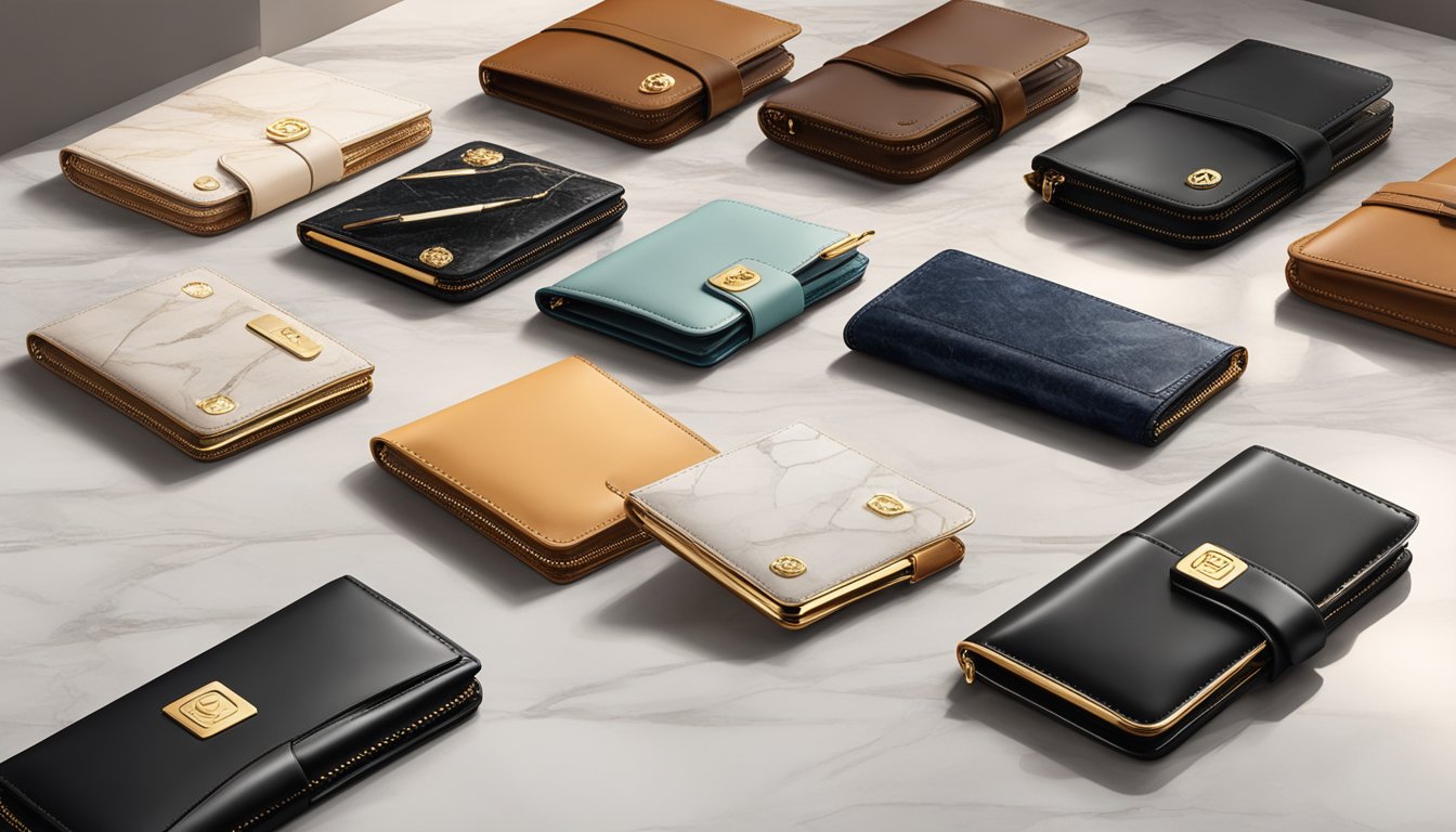 Several top high-end wallet brands displayed on a luxurious marble counter with soft, warm lighting highlighting their exquisite craftsmanship and elegant designs