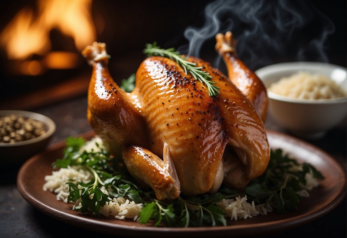 A whole chicken is being smoked over a bed of tea leaves, sugar, and rice, creating a fragrant and flavorful Chinese tea-smoked chicken