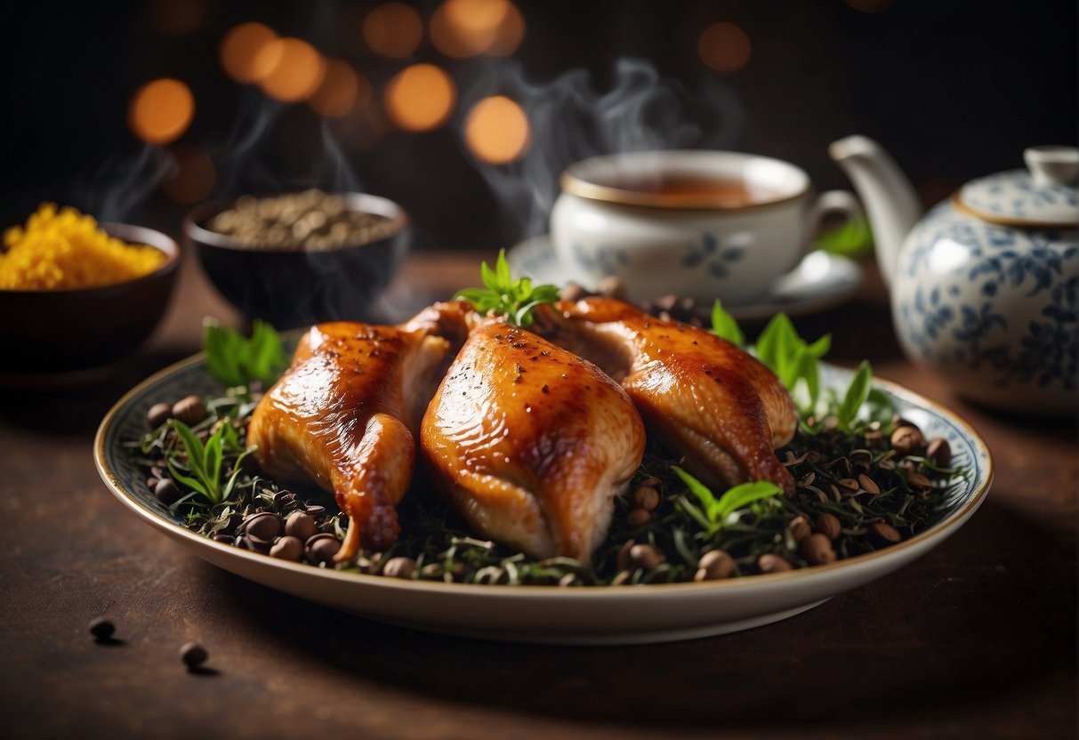 A platter of Chinese tea smoked chicken surrounded by steaming tea leaves and fragrant spices