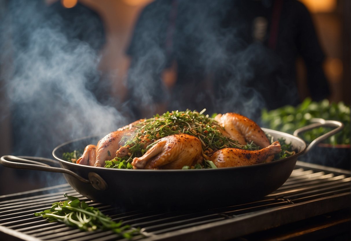 Chinese tea smoked chicken: A steaming wok filled with fragrant tea leaves and spices, smoke billowing up as a whole chicken sizzles on a wire rack above