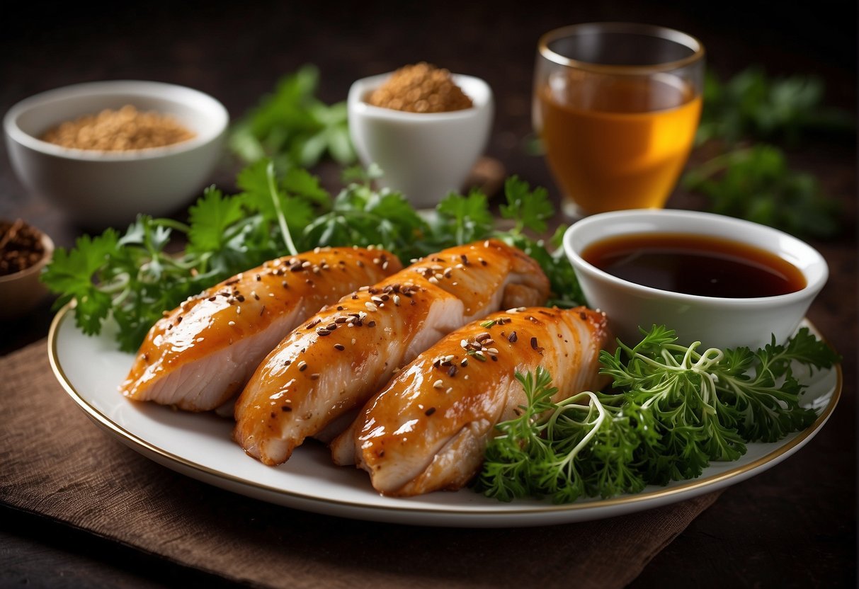 A platter of Chinese tea smoked chicken surrounded by fragrant tea leaves and aromatic spices, with a side of dipping sauce and garnished with fresh herbs