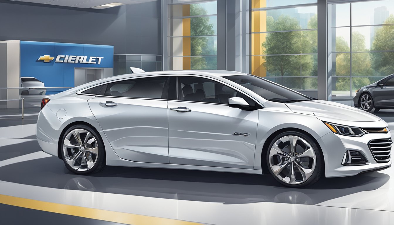 A brand new Chevrolet is showcased in a brightly lit showroom, with sleek lines and a polished exterior. The latest models are displayed on a rotating platform, highlighting their modern design and features