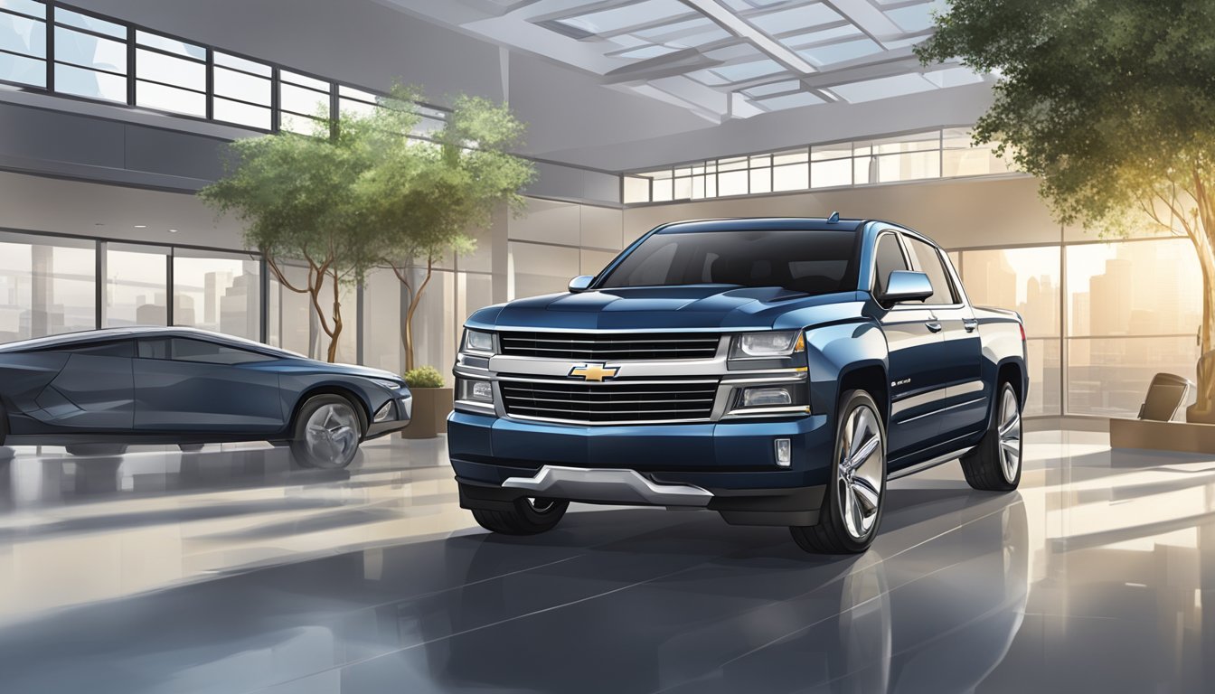 A sleek, modern Chevrolet parked in a spacious, well-lit showroom. The car exudes luxury and comfort, with its polished exterior and plush interior