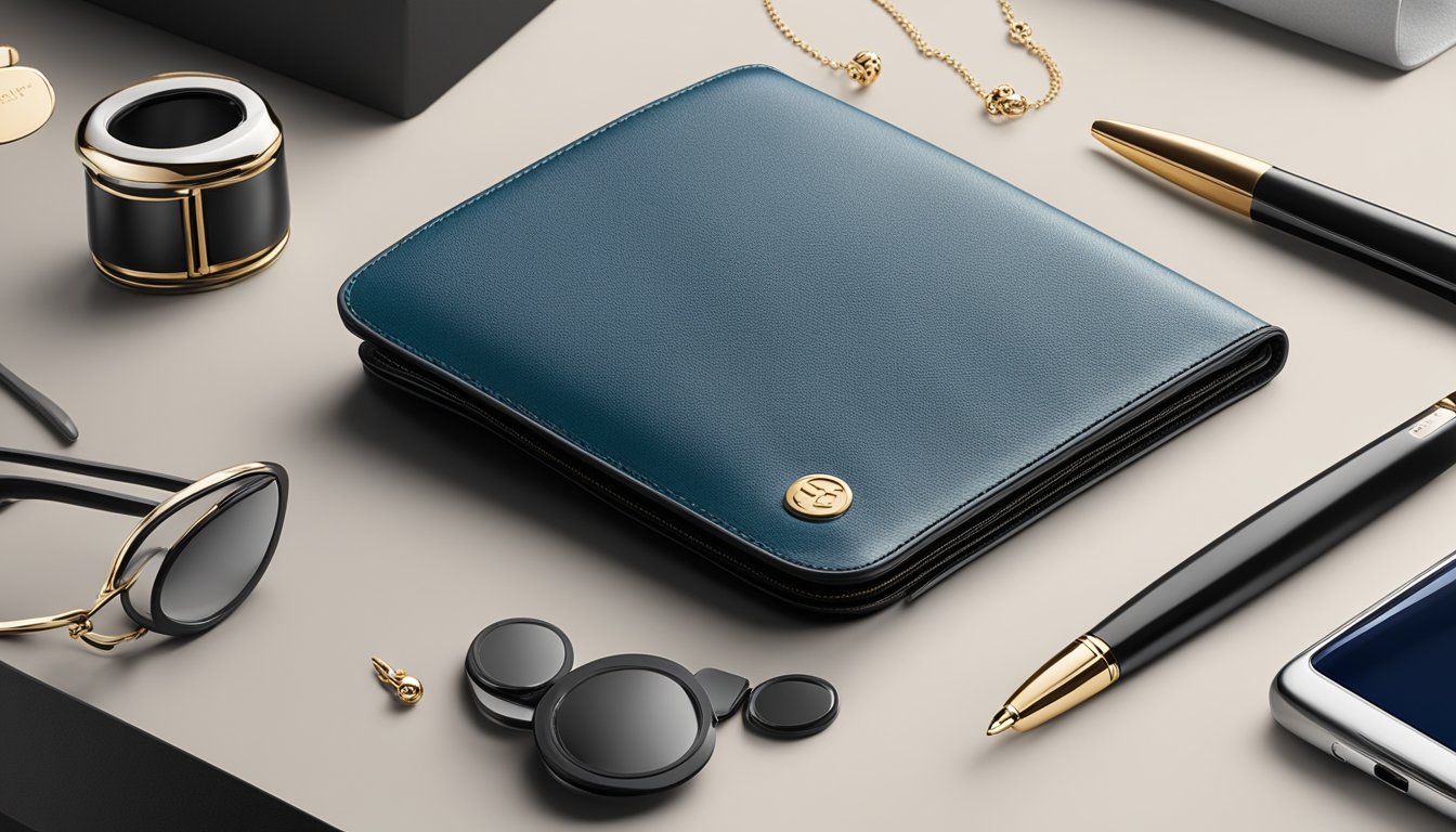 A sleek, modern wallet sits atop a polished surface, surrounded by luxurious accessories. The brand logo is subtly embossed, exuding sophistication and style