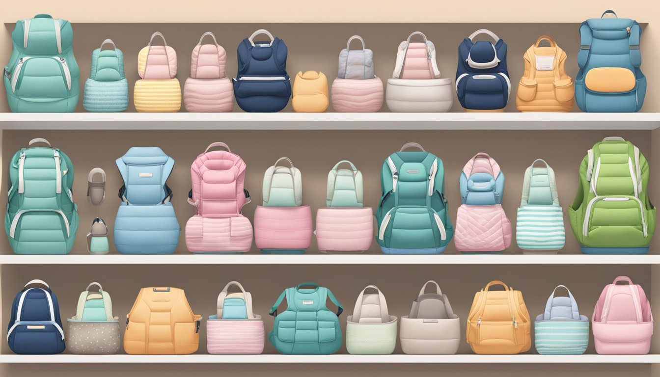 A display of various baby carrier brands arranged on a shelf, with colorful and ergonomic designs, showcasing comfort and versatility