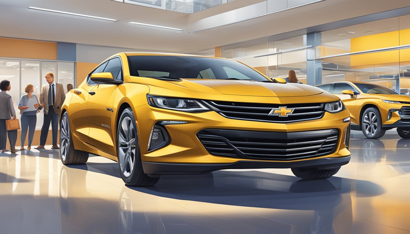 A brand new Chevrolet sits in a brightly lit showroom, surrounded by eager customers and sales staff. The car's sleek lines and shiny paint catch the eye, while a sign nearby lists frequently asked questions about the vehicle