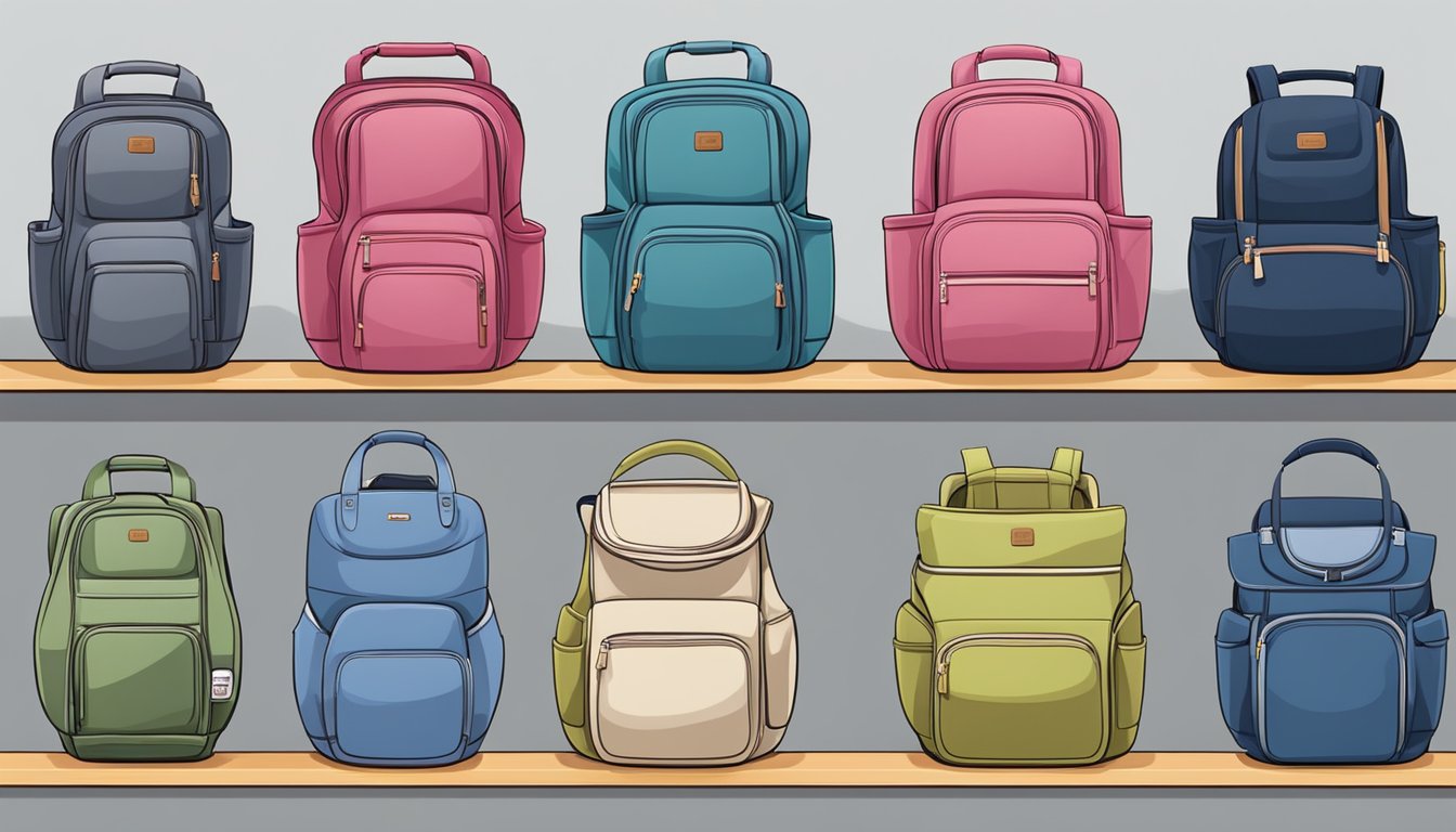 A variety of baby carriers from different brands are displayed on a shelf, showcasing the different styles and features available