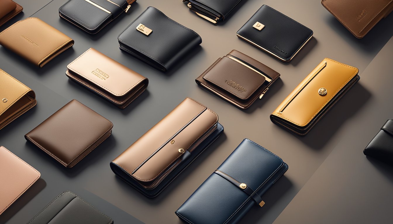 A display of luxury wallet brands arranged on a sleek, modern countertop with soft, ambient lighting highlighting their exquisite craftsmanship and premium materials