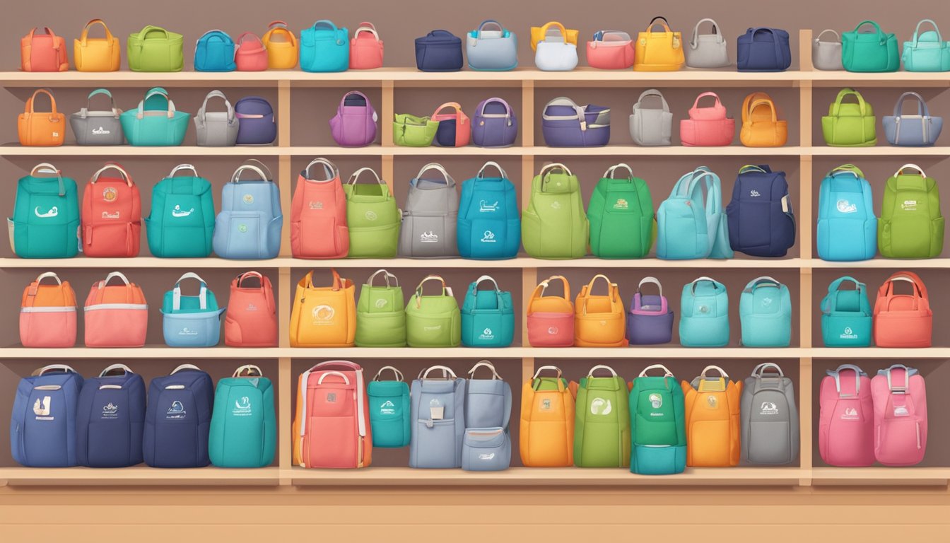 Colorful logo banners hang above a row of popular baby carrier brands displayed on shelves