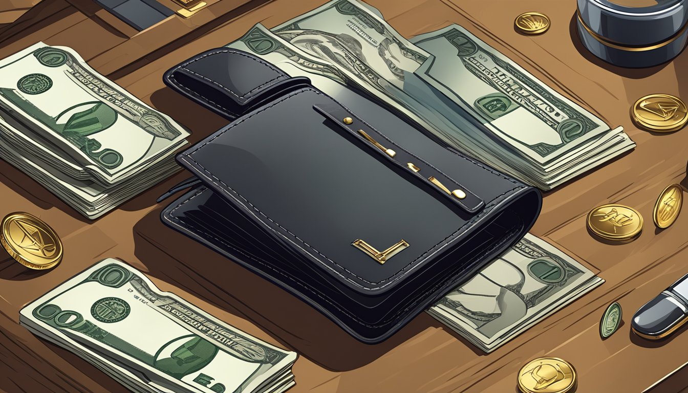 A luxurious wallet sits on a polished wooden surface, surrounded by gleaming accessories and a stack of crisp banknotes. The scene exudes elegance and sophistication, highlighting the concept of maintaining your investment in high-end wallet brands