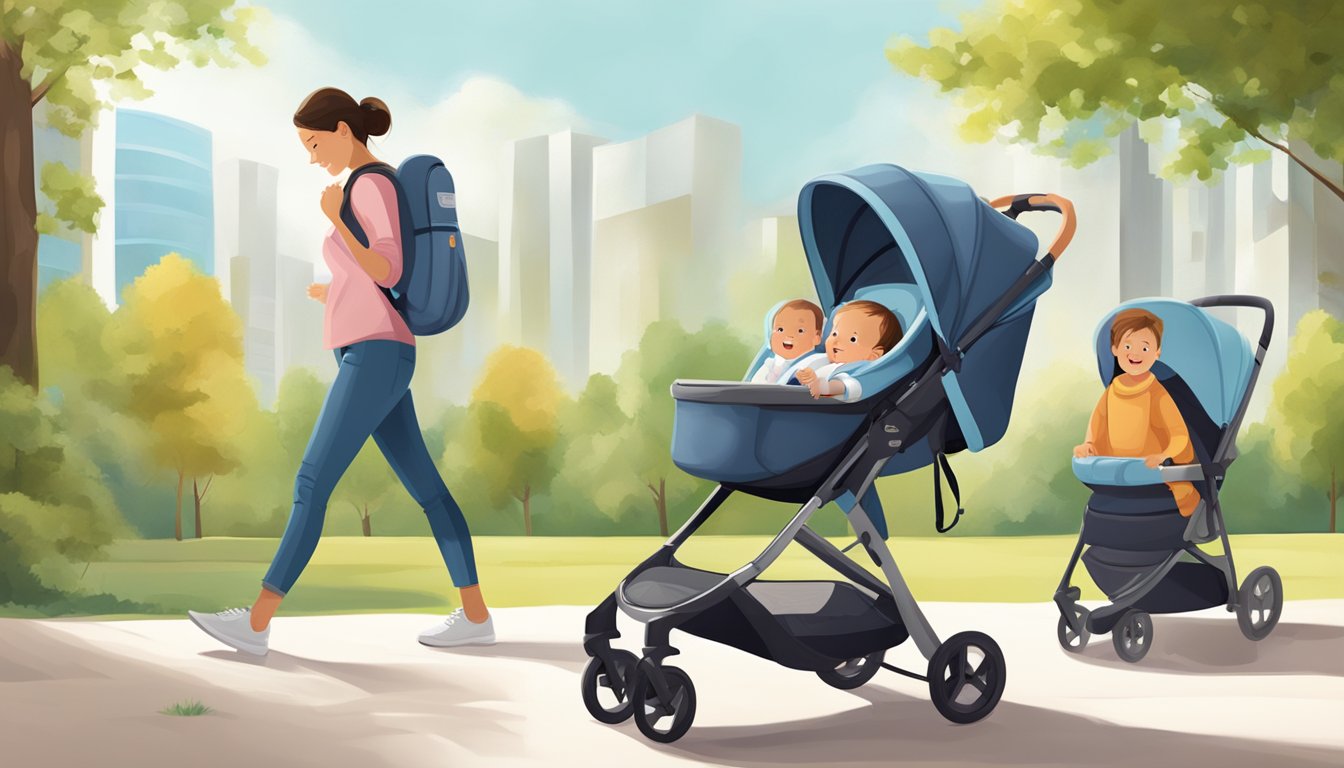 A happy baby is comfortably nestled in a sleek, ergonomic carrier, while active parents enjoy outdoor activities together