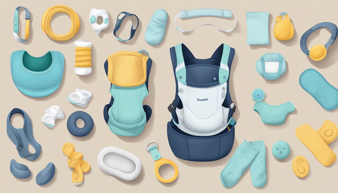A baby carrier surrounded by various accessories like teething pads, drool bibs, and toy loops