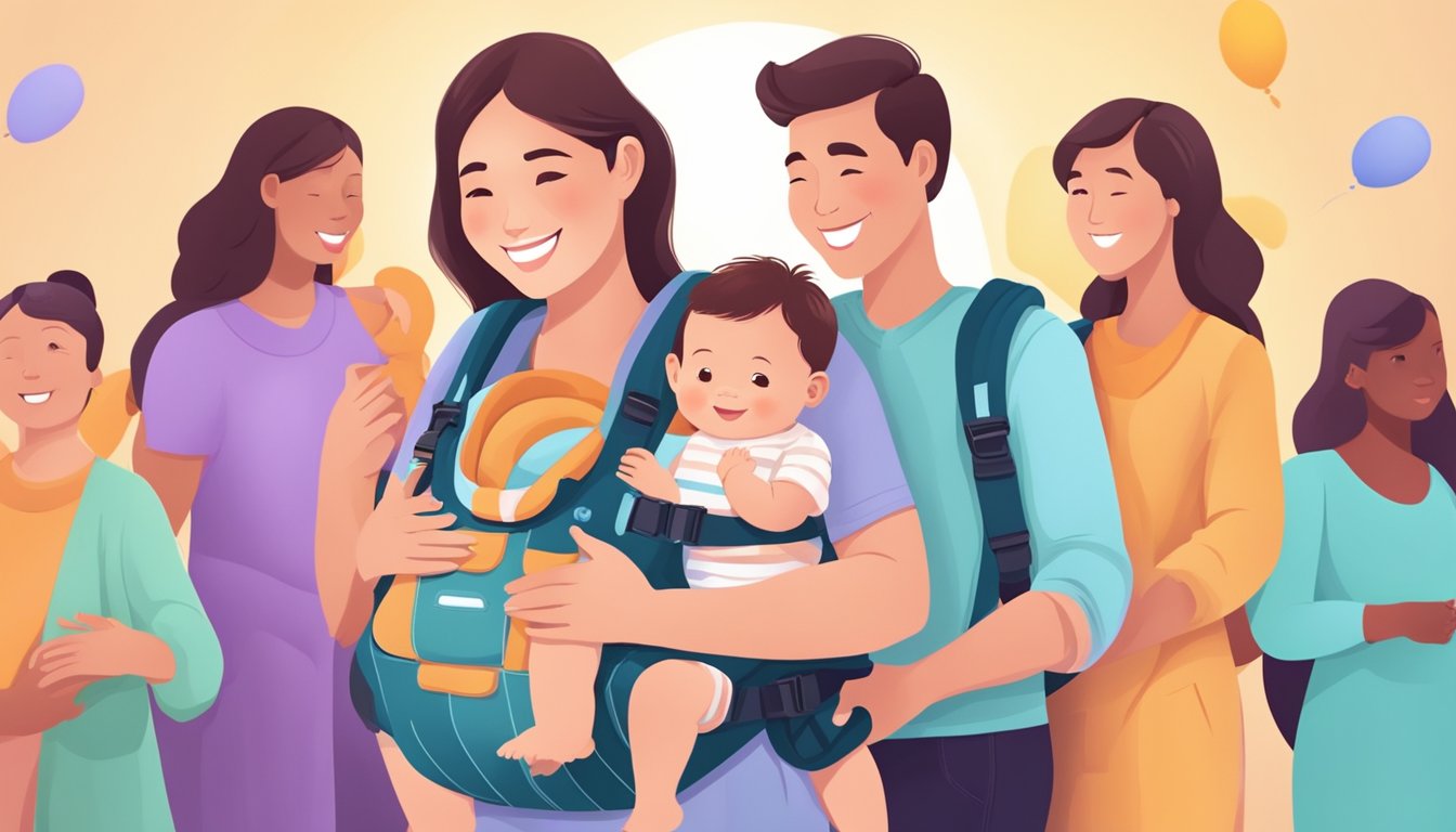 A smiling baby snuggled in a colorful, comfortable baby carrier, surrounded by happy parents and caregivers