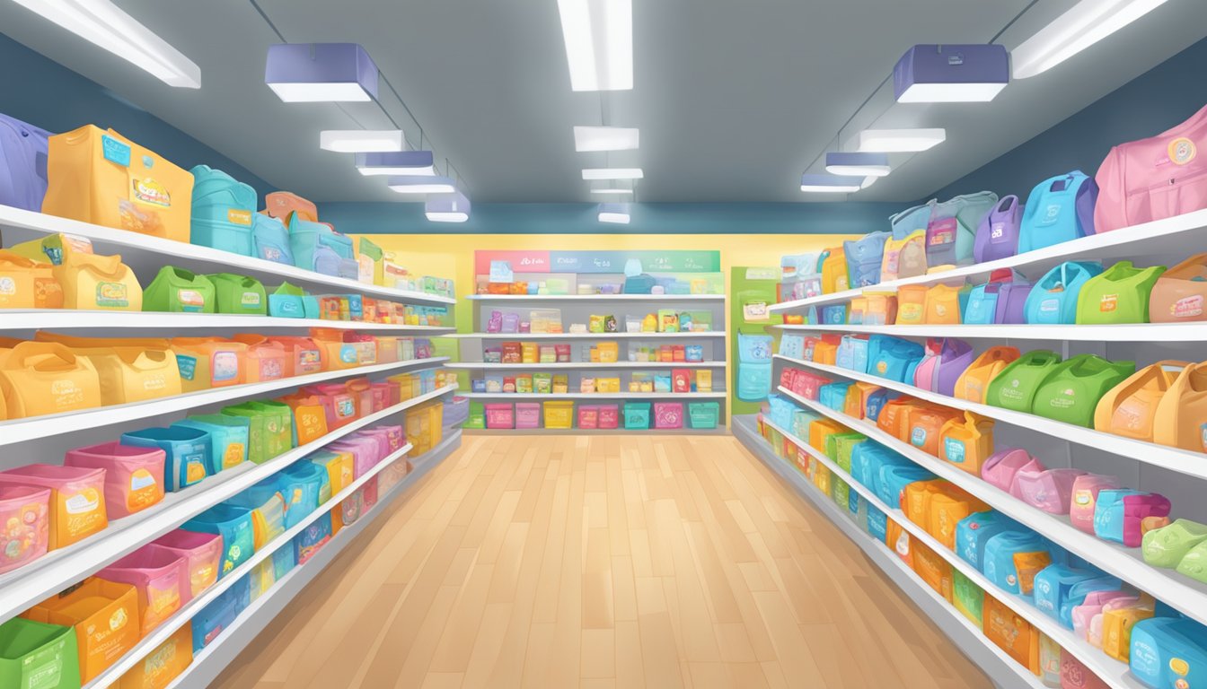 Various baby carrier brands displayed on shelves with FAQ signs. Bright, inviting colors and clear packaging. Shoppers browsing and comparing features