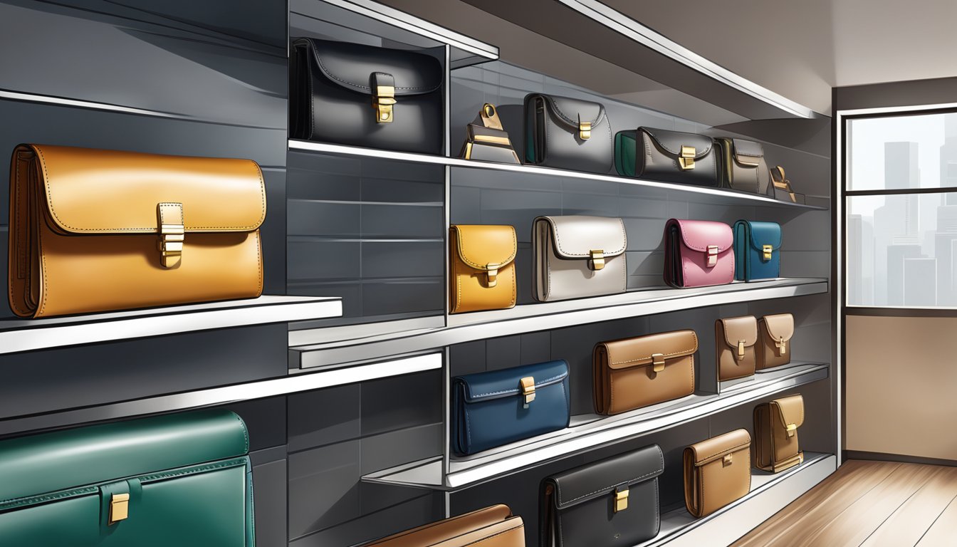 A display of luxurious high-end wallets arranged on a sleek, well-lit shelf in a sophisticated boutique setting