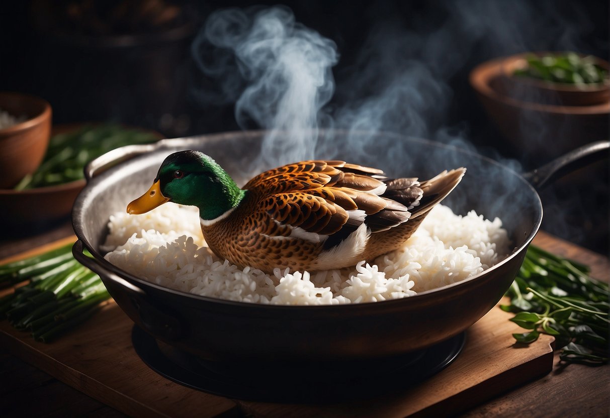 A whole duck hangs in a smoke-filled wok, surrounded by tea leaves, sugar, and rice. The aroma of smoky, fragrant tea fills the air
