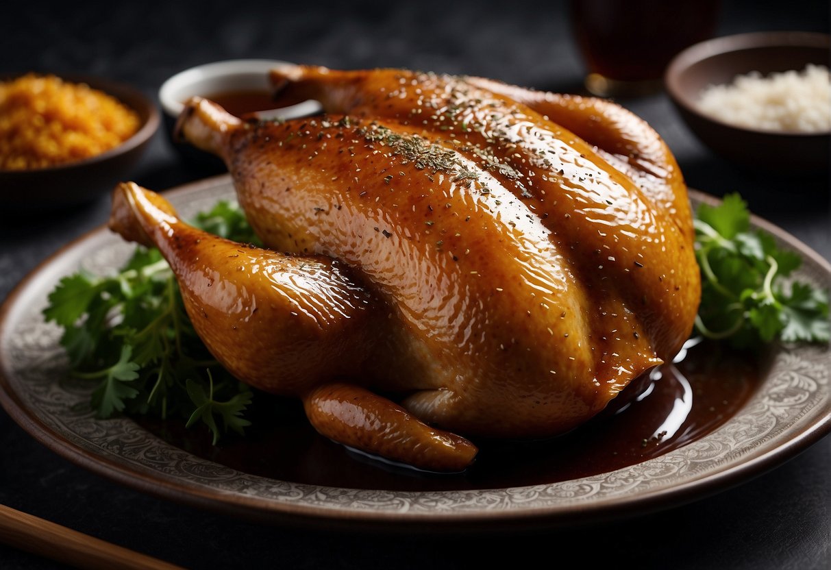 A whole duck is marinated in a mixture of soy sauce, sugar, and spices before being smoked over a mixture of tea leaves and rice for a rich and flavorful dish