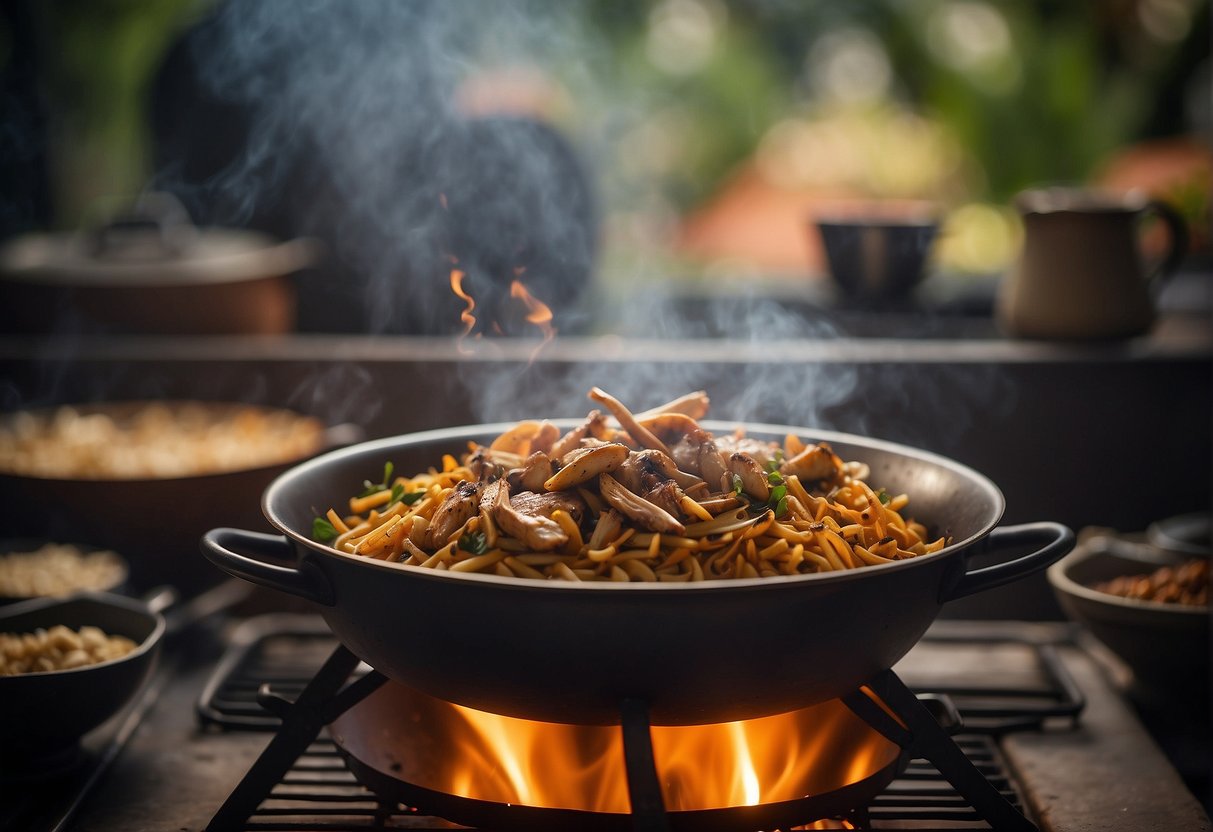 A wok sizzles with smoking wood chips, as a whole duck is placed on a wire rack above. A pot of tea simmers on the stove, infusing the air with fragrant aromas