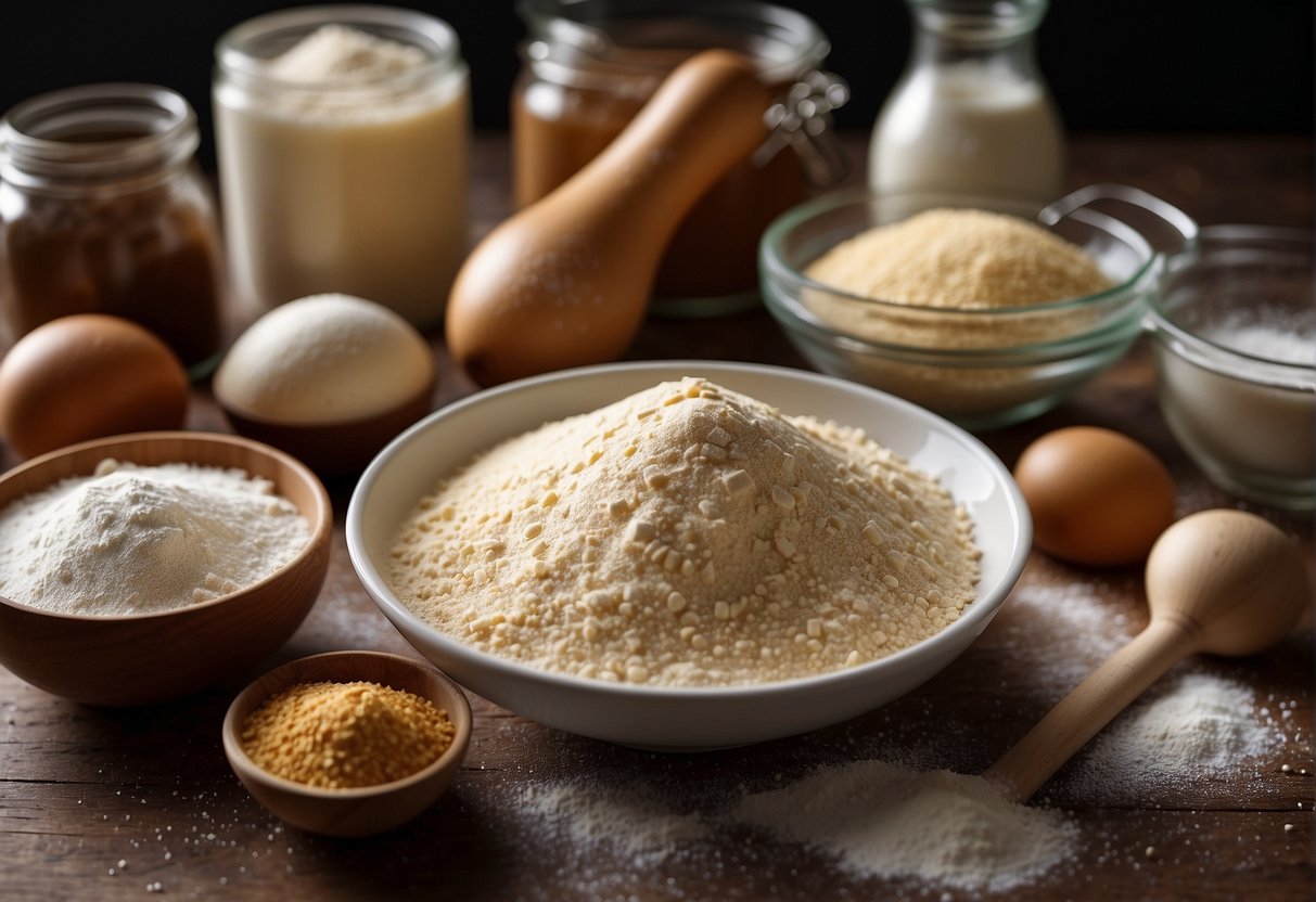 A table with ingredients: flour, yeast, sugar, and water. A mixing bowl with dough, and a rolling pin on a floured surface