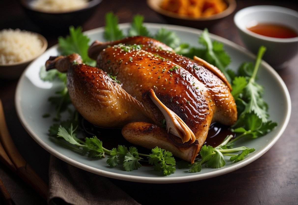 A whole duck is marinated in a mixture of Chinese five-spice, soy sauce, and sugar before being hung and smoked over a blend of tea leaves, sugar, and rice for a rich, smoky flavor