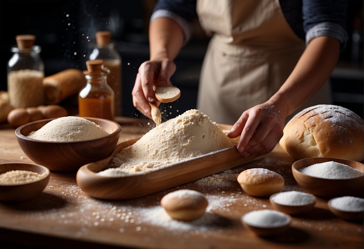 A table with ingredients: flour, yeast, sugar, salt, water. A bowl with dough being kneaded. A rolling pin and bun shapes
