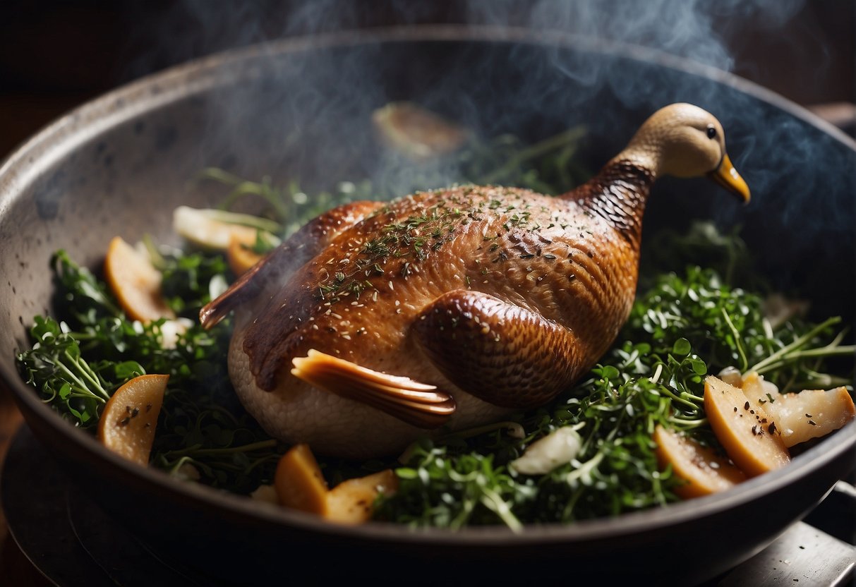 A whole duck is being smoked over a mixture of tea leaves, sugar, and rice in a wok, creating a fragrant and flavorful Chinese tea smoked duck