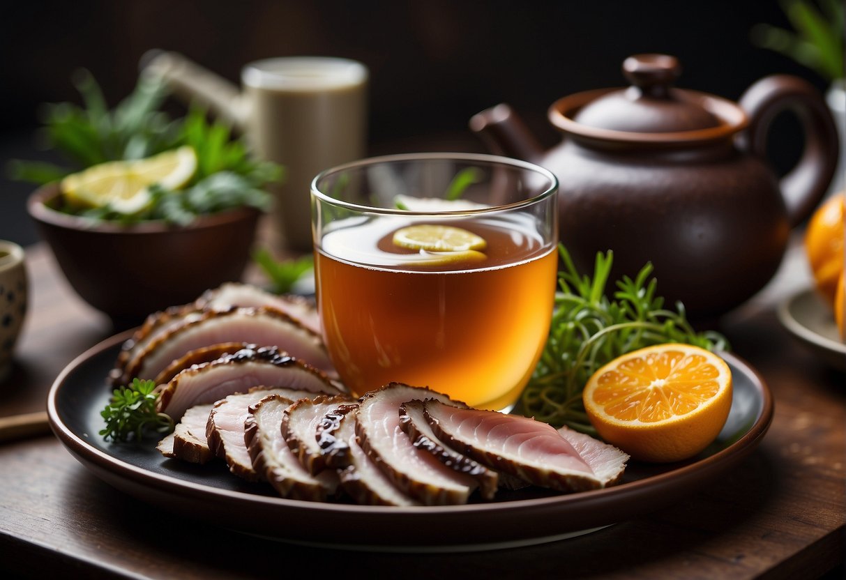 A platter of sliced Chinese tea smoked duck surrounded by garnishes and accompanied by a pot of hot tea